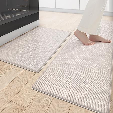 Non Slip, Waterproof Cushioned Anti Fatigue Standing Kitchen Floor Mat, 17"x29"+17"x59", Beige