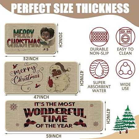 Sets of 3Black Santa Claus African American Merry Christmas Winter Farmhouse Party Floor Mat