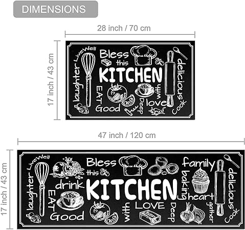 Set of 2 Non Slip Thick Kitchen Rugs and Mats, 17"x47"+17"x28"