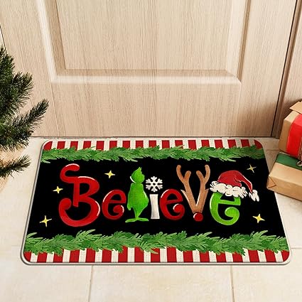 Set of 2, Xmas Gifts Stink Stank Stunk Green Kitchen Mats Decor, Red White Stripes Holiday Door Mat Home Decorations - 17x29 and 17x47 Inch