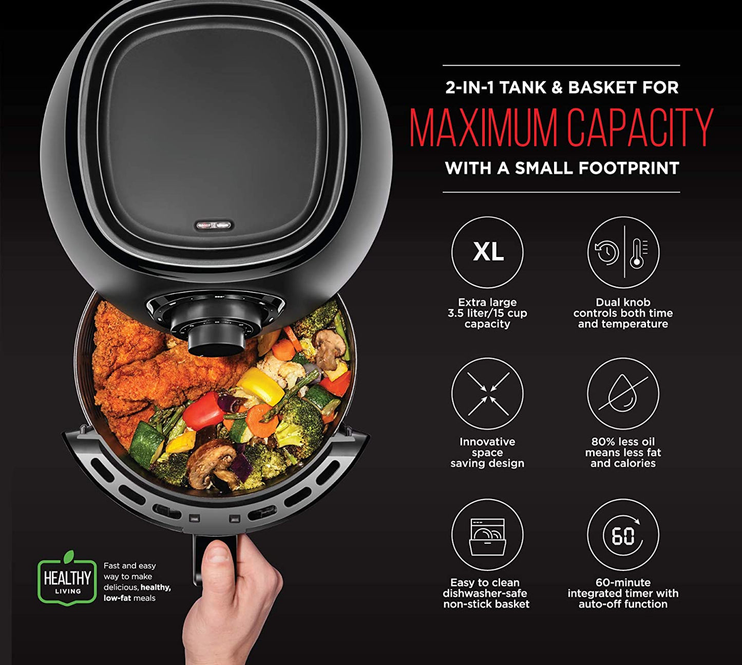 3.6 Quart Air Fryer Oven, Dual Control Temperature, 15 Cup Capacity with Cookbook