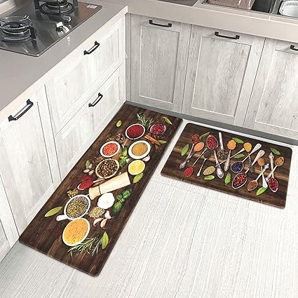 Set 2 Piece Cushioned Anti Fatigue Kitchen Mat Artistic, Rustic Kitchen Rugs and Mats No Skid Washable for Home, Waterproof Floor Comfort Mat PVC, 17" x 47" + 17" x 30"