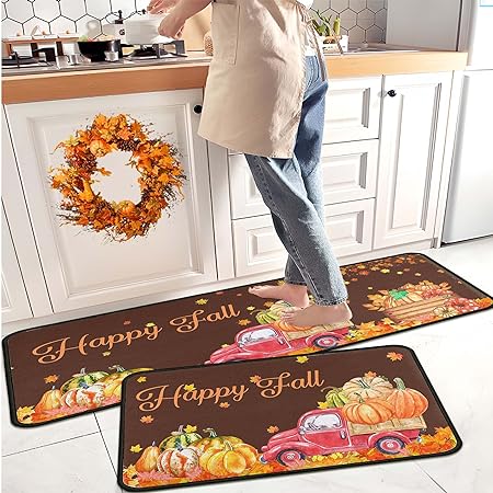 Non Skid Washable, Seasonal Fall Holiday Party Autumn Harvest Thanksgiving Kitchen Mat 17"x47"+17"x30"