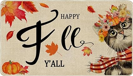 Happy Fall Yall Cat Doormat, Fall Door Mat Outdoor Entrance, Fall Outdoor Mats for Front Door Fall Door Decorations 17" x 30"