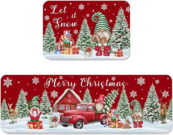 Set 2 Pieces Cute Santa Claus Decor Red Black Buffalo Plaid Non Slip Washable  Kitchen Rugs, 15.7" x 23.6"+15.7" x 47.2"