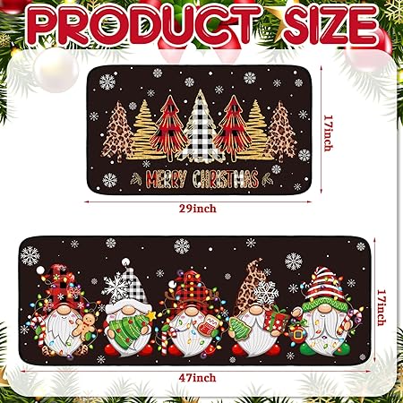 Non Slip Santa Claus Snow Gnome Low Profile Plaid Winter Decorative Christmas Rug 17x29 and 17x47 Inch