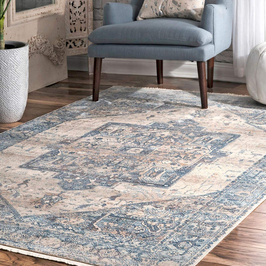 Medallion Fringe Soft Area Rug Light Blue