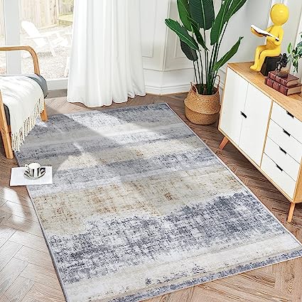 Entryway Abstract Distressed Green Multi Contemporary Carpet Print Chenille Thin Rug