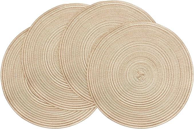 15 Inch Round Braided Placemats Set of 4, Washable Heat Resistant Cotton Polyester Circle Place Mats for Kitchen Dining Table - Canvas Beige