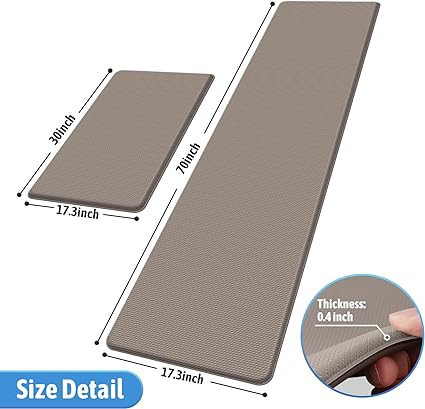 2 PCS Anti-Fatigue Cushioned Non-Skid Standing Mat for Kitchen, Office, Sink, 17.3"×30"+17.3"×47", Grey