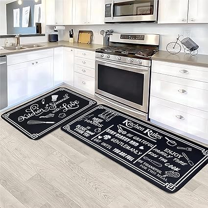 Non Skid Washable Microfiber mats for Kitchen Floor, Kitchen Rules Theme Kitchen Cushioned Runner Rug Decor Sets of 2,Size 17"x 47"+17"x 30"