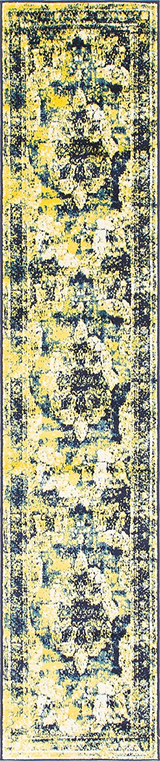 Vintage Distressed Navy Blue Yellow Area Rugs