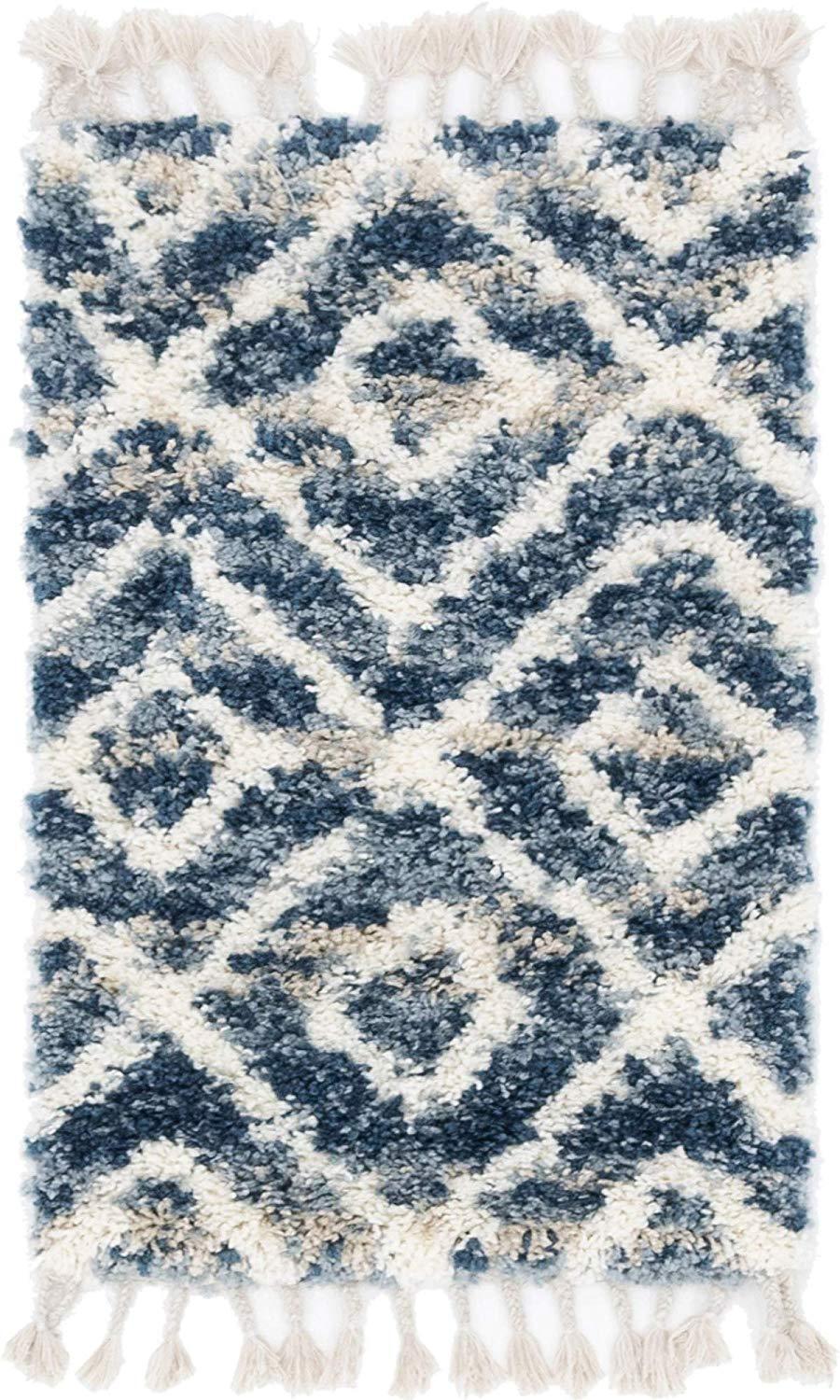 Lattice Tassel Blue Ivory Beige Plush Shag Area Rugs