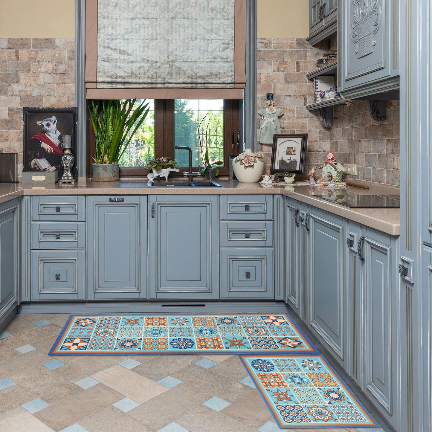 Set of 2- Plant Floral Butterfly Kitchen Rugs with Runner Decor Accessories Things - 17x30 and 17x48 Inch