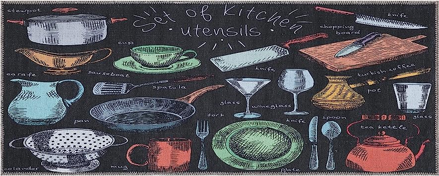 Machine Washable Wrinkle Free Coffee Cup Design Cotton 2 x 5 Kitchen Runner Rug (20" x 59", Beige)