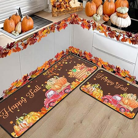 Non Skid Washable, Seasonal Fall Holiday Party Autumn Harvest Thanksgiving Kitchen Mat 17"x47"+17"x30"