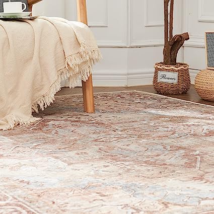 Persian Brick Red Vintage Foldable Thin Floral Print Floor Cover Retro Accent Rug