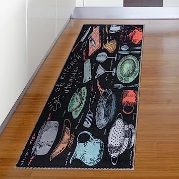 Machine Washable Wrinkle Free Coffee Cup Design Cotton 2 x 5 Kitchen Runner Rug (20" x 59", Beige)