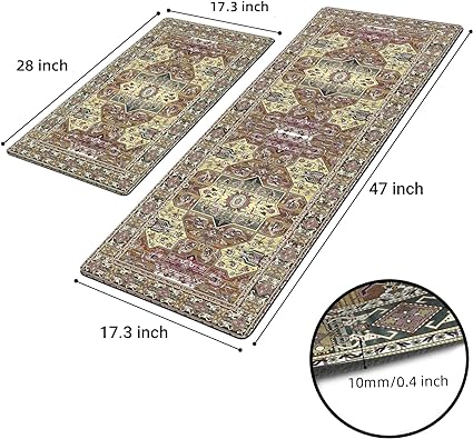 Set 2 Pieces,0.4 Inches Thick Non Slip Kitchen Rugs and Mats Teal Wood Cushioned Anti Fatigue Floor Mat Waterproof Comfort Standing Runner Sink Rug,17.3 x 28+17.3 x 47 Inch