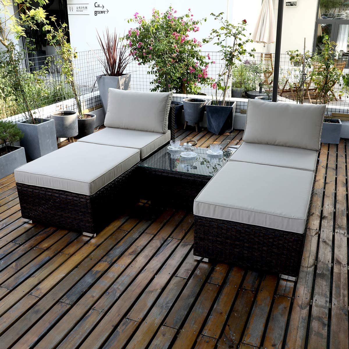 DIMAR garden Outdoor Coffee Table with Tempered Glass Top Wicker Patio Furniture Sets Rattan Sectional Small Table (Black 19.7in)