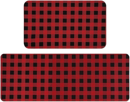 Non-Slip Washable Low-Profile Winter Xmas Buffalo Plaid Kitchen Mats Set of 2, 17"x47"+17" x30"