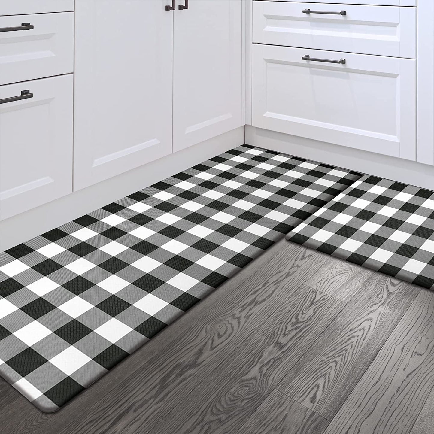 Set of 2 Anti Fatigue, Non Slip Waterproof Comfort, 0.4 Inch Thick, Gray and White Buffalo Plaid (Size:17"x28"&17"x47")