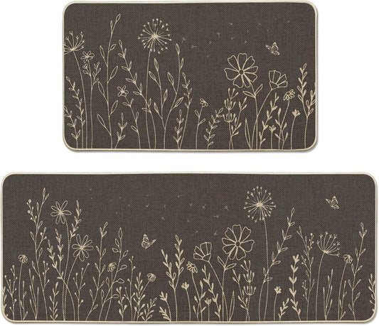 Set of 2 Black Dandelion Low-Profile Kitchen Rugs - 17x29 and 17x47 Inch