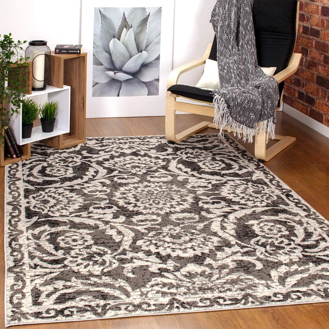 Kashan King Collection Floral Indoor Area Rug Grey/Black