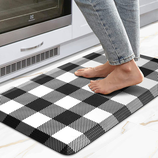 Anti Fatigue Cushioned Black and White Buffalo Plaid Non-Skid & Waterproof Ergonomic Comfort Standing Desk Mat - 17.3"x28"