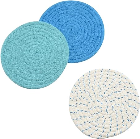 Kitchen Pot Holders Set Trivets Set 100% Pure Cotton Thread Weave Hot Pot Holders Set (Set of 3) Stylish Coasters, Hot Pads, Hot Mats, Spoon Rest for Cooking and Baking by Diameter 7 Inches (Blue)