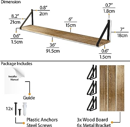 Bora 36 Inch Large Floating Shelves for Wall, Floating Bookshelf Set of 3