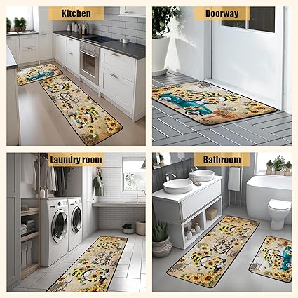 Non Skid Washable Microfiber mats for Kitchen Floor, Kitchen Rules Theme Kitchen Cushioned Runner Rug Decor Sets of 2,Size 17"x 47"+17"x 30"