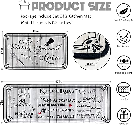 Non Skid Washable Microfiber mats for Kitchen Floor, Kitchen Rules Theme Kitchen Cushioned Runner Rug Decor Sets of 2,Size 17"x 47"+17"x 30"