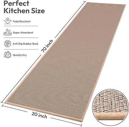 Nonskid, Washable,Absorbent Kitchen Runner Rug for in Front of Sink,Entryway,Hallway,Rubber Backing Indoor Door Mat,Farmhouse Style Standing Mat,17.3"x60",Brown