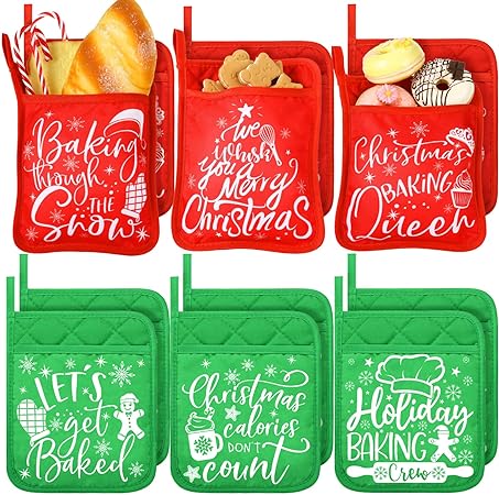 Machine Washable Heat Resistant Christmas Pot Holders with Pocket Xmas Funny Pot Mat, (Black,6 Pieces)