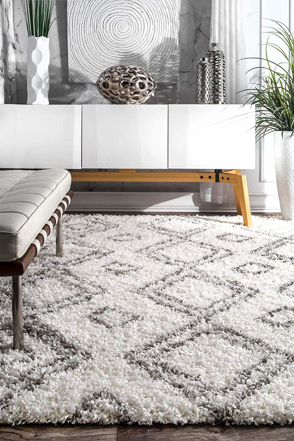 Premium White Grey Trellis Soft Plush Shag Area Rug