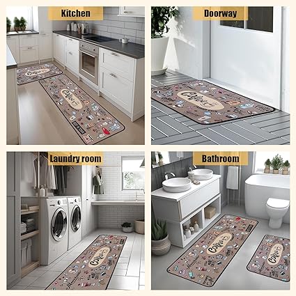 Non Skid Washable Microfiber mats for Kitchen Floor, Kitchen Rules Theme Kitchen Cushioned Runner Rug Decor Sets of 2,Size 17"x 47"+17"x 30"