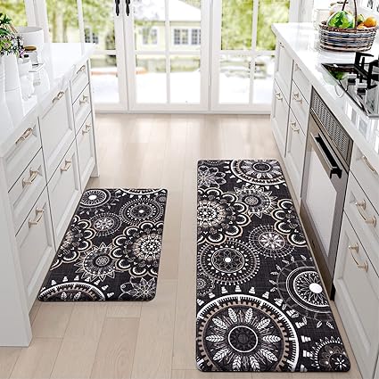 Sets of 2 Cushioned Anti-Fatigue Kitchen Rugs Non Slip Memory Foam Kitchen Mats and Rugs Waterproof Kitchen Floor Comfort Mats, 17'' x 47'' + 17'' x 30'', Brown