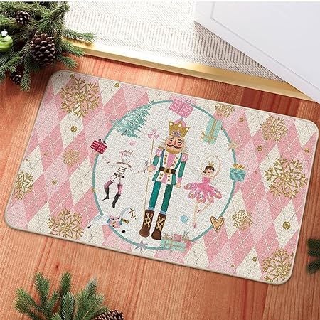 Green Diamond Plaid Nutcracker Christmas Doormat, 17x29 Inch