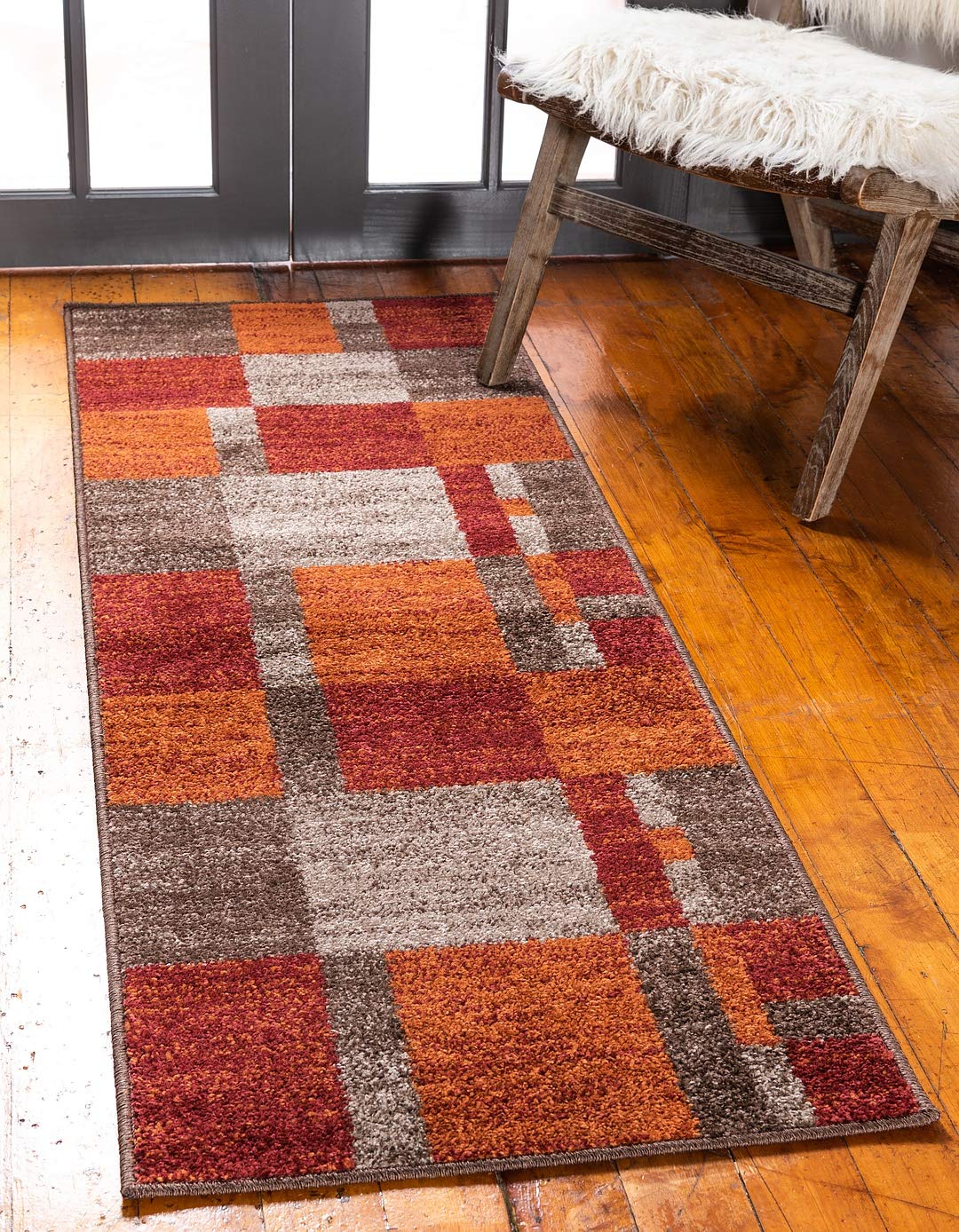 Warm Toned Checkered Multi-color Brown Orange Area Rugs