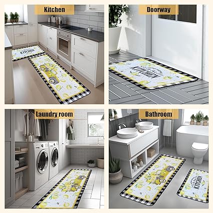 Non Skid Washable Microfiber mats for Kitchen Floor, Kitchen Rules Theme Kitchen Cushioned Runner Rug Decor Sets of 2,Size 17"x 47"+17"x 30"