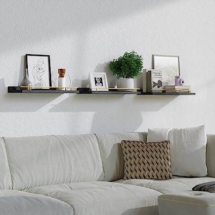 Set of 3 Floating Shelves with Black Metal Guardrail