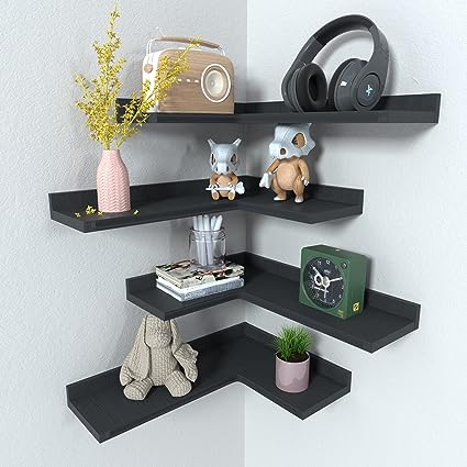 Set of 4, Rustic Pine Wood Corner Shelves for Wall Storage - Black