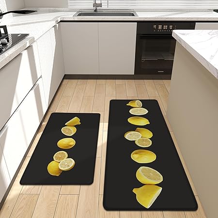 Lemon Yellow 0.4inch Anti Fatigue 3D Print Kitchen Non Slip Comfort Standing  Mats, 17.3x28+17.3x47 Inch