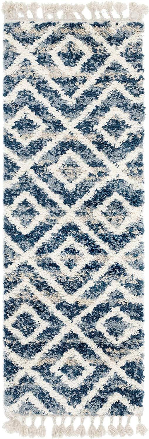 Lattice Tassel Blue Ivory Beige Plush Shag Area Rugs