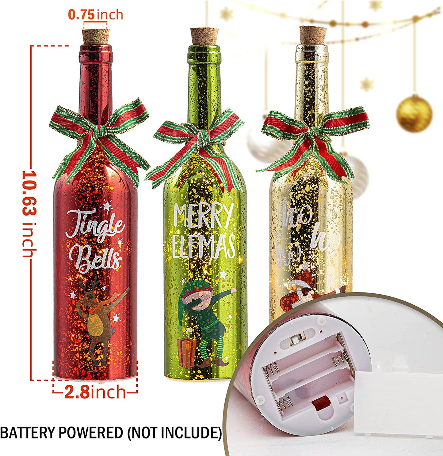 Christmas Decor Wine Bottle Lights, Battery Operated LED Glass with Timer