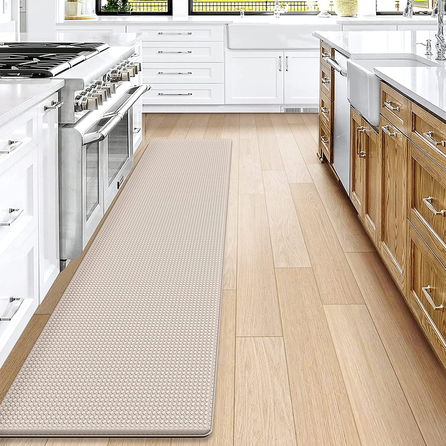 Kitchen Rugs and Mats Cushioned Anti Fatigue Comfort Mat, 2 Pieces Set 17"x29"+17"x59",Beige White