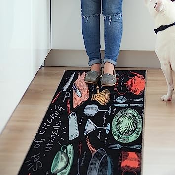 Machine Washable Wrinkle Free Coffee Cup Design Cotton 2 x 5 Kitchen Runner Rug (20" x 59", Beige)