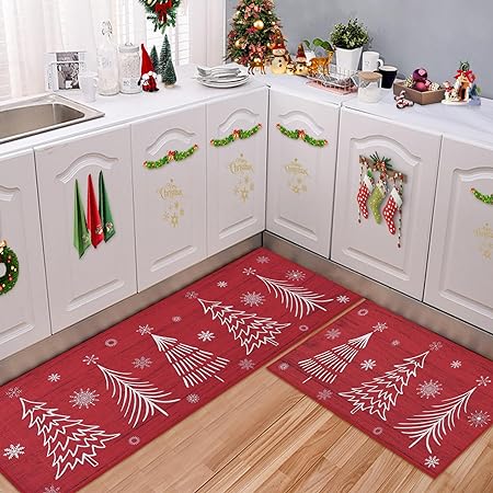 Washable Decorative Non Skid Christmas Kitchen Runner Mat, 17"x29"+17"x47"