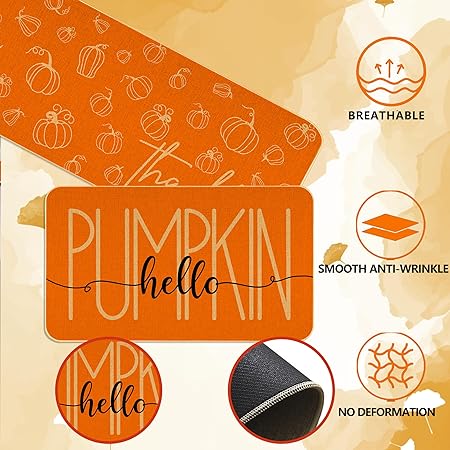 Orange Hello Pumpkin Thankful Fall Kitchen Mats Set of 2- 17x29 and 17x47 Inch